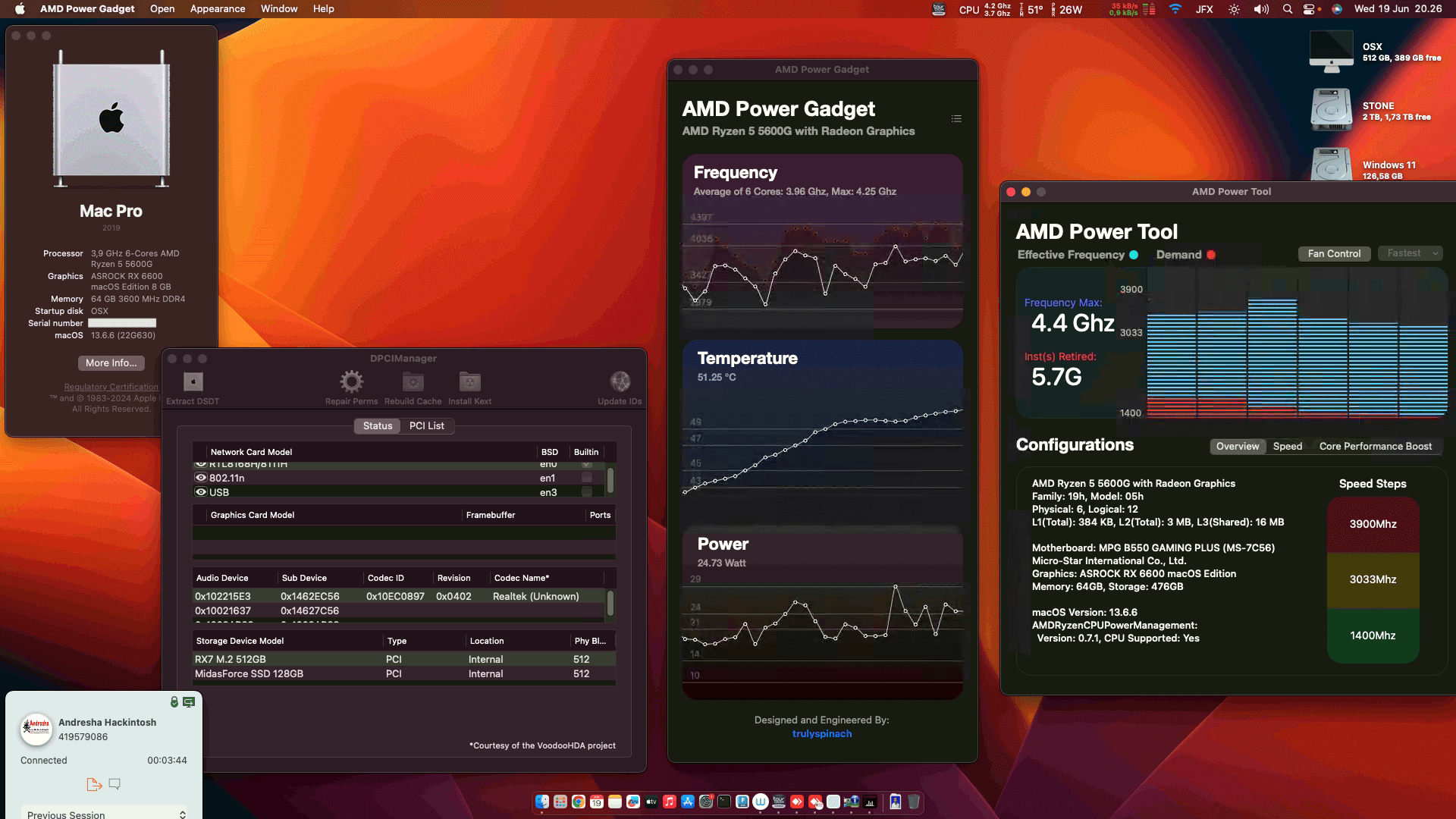 Success Hackintosh macOS Ventura 13.6.6 Build 22G630 in MSI MPG B550 Gaming Plus + AMD Ryzen 5 5600G + Asrock RX 6600